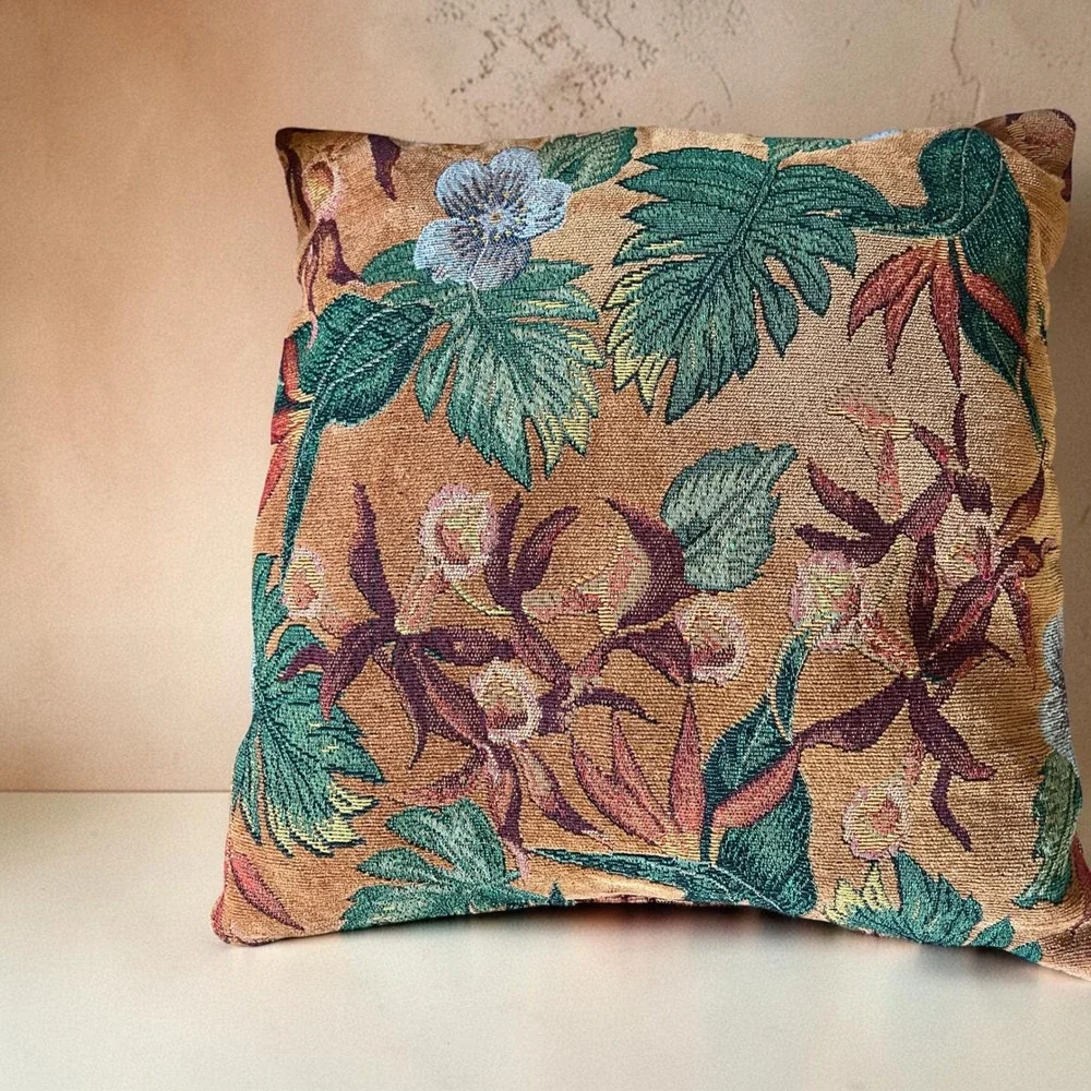 Vintage Bohemian Floral Tapestry Throw Pillow Botanical Tropical Leaf 15x15